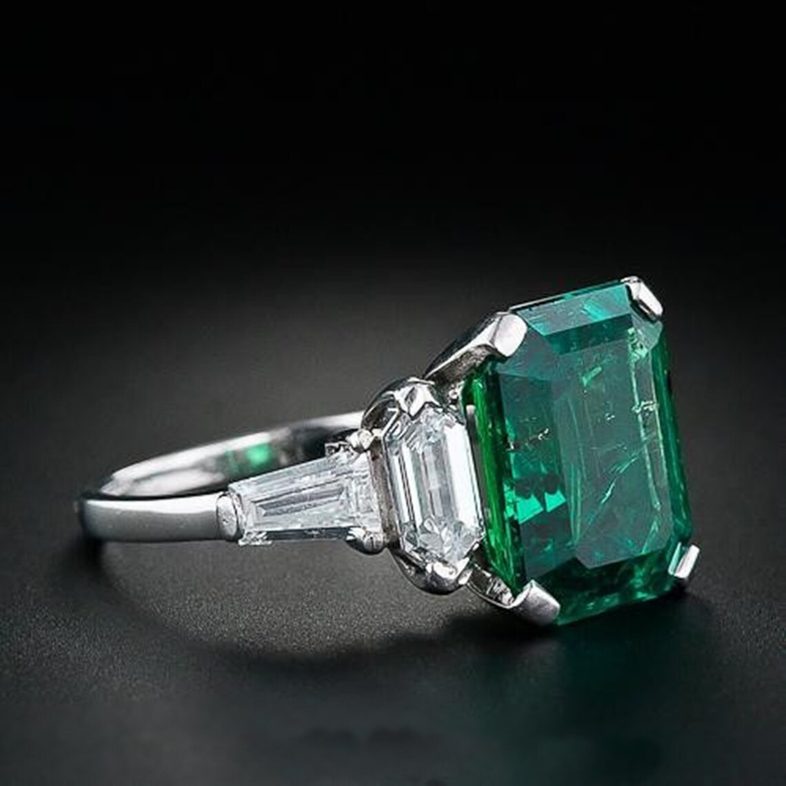 Green Emerald With Fancy Cut Diamond Ring / Engagement Ring Etsy