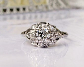 Mid-Century Vintage Art Deco Old European Cut Moissanite Diamond Ring, Edwardian Anniversary Ring, Antique Wedding Engagement Ring for Her