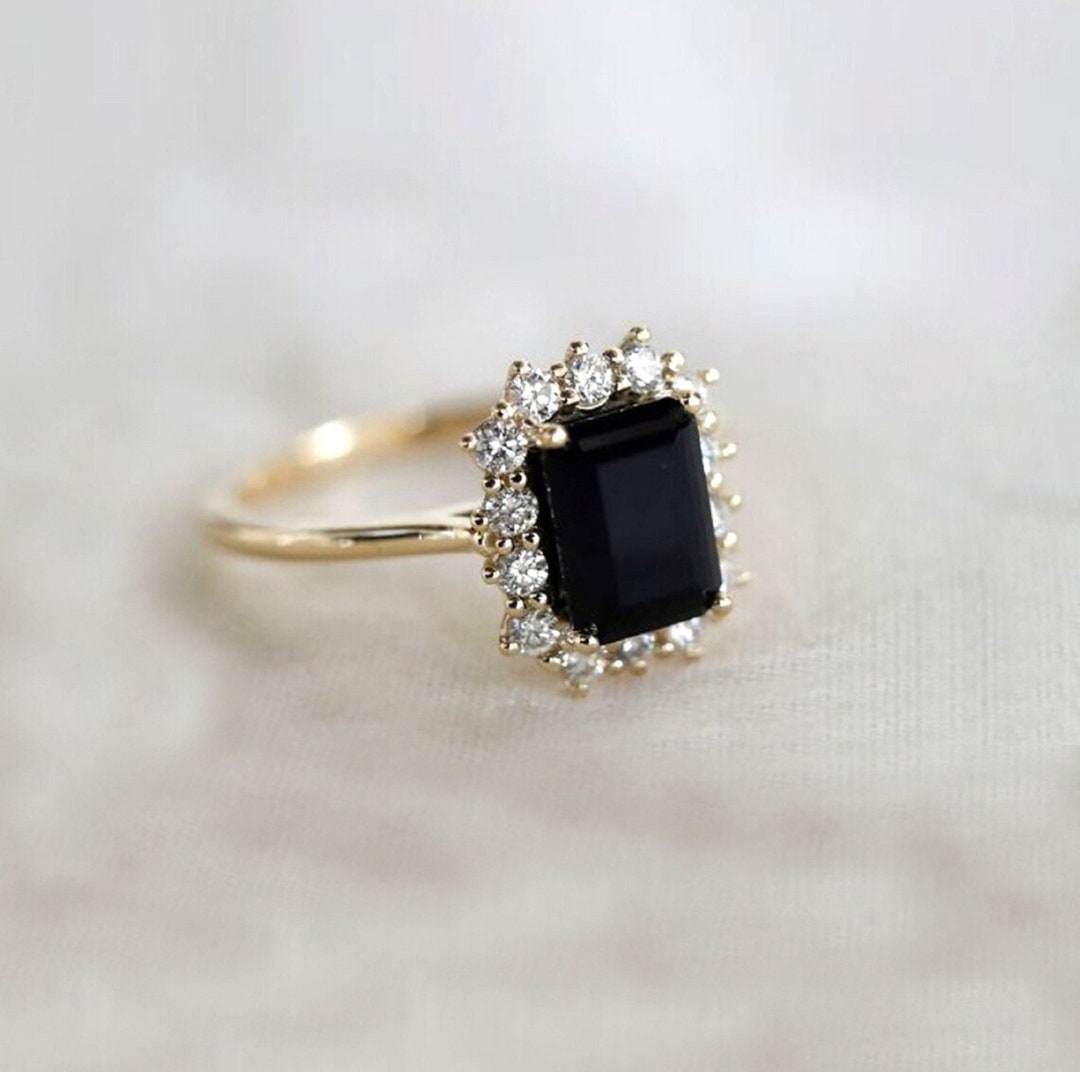 Emerald Cut Black Onyx Halo Set Ring Engagement Ring Vintage - Etsy