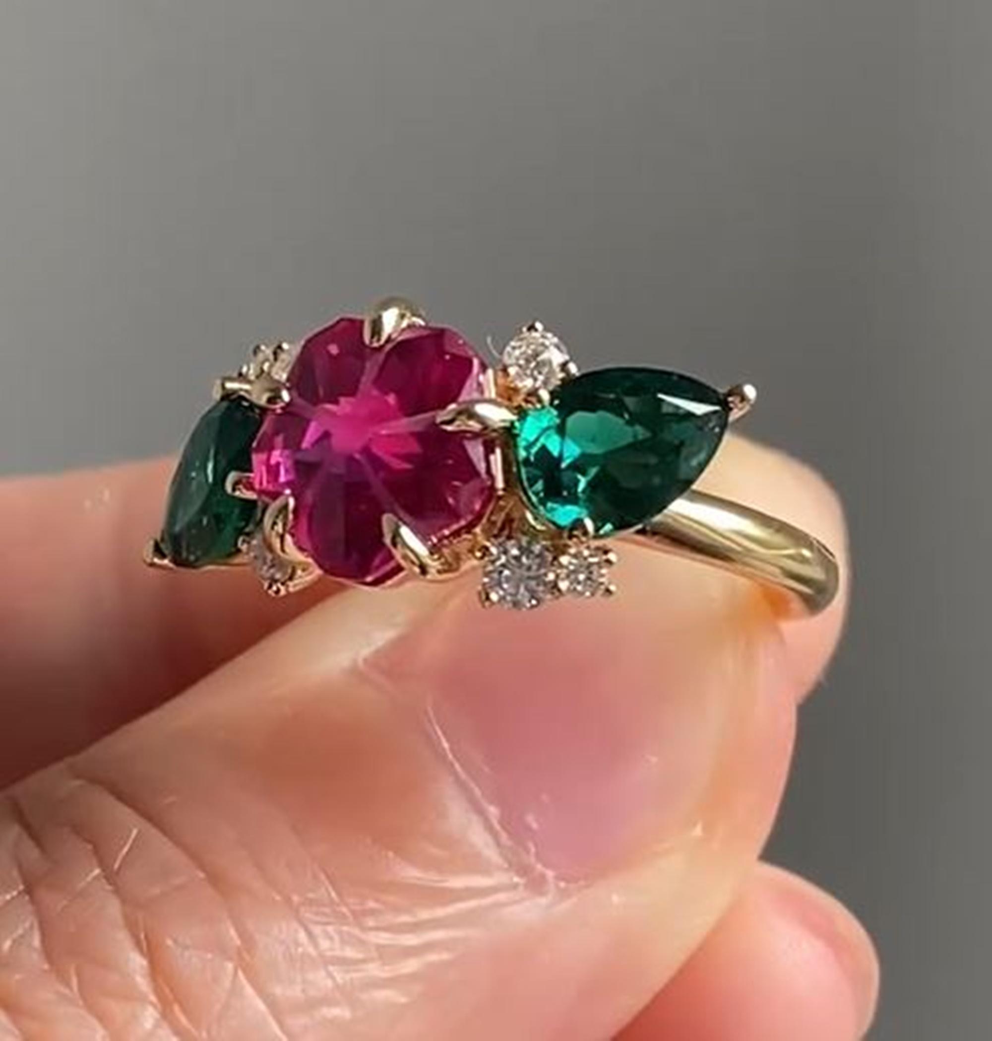 Nature Inspire Floral Motif Ring, Ruby & Green Gemstone Ring, Multi ...