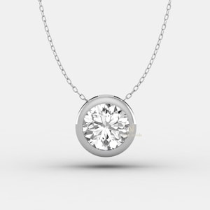 Women&#39;s Solitaire Necklace, Bezel Set Classic Necklace, Round Cut Moissanite Diamond Chain Necklace, 14K White Gold Minimalist Necklace