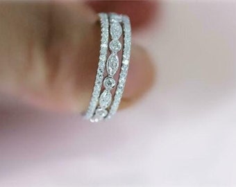Marquise & Round Cut Moissanite Diamond Ring, Full Eternity Stacked Ring, Milgrain Set Band Ring, Wedding Bridal Ring, 18k White Gold Ring