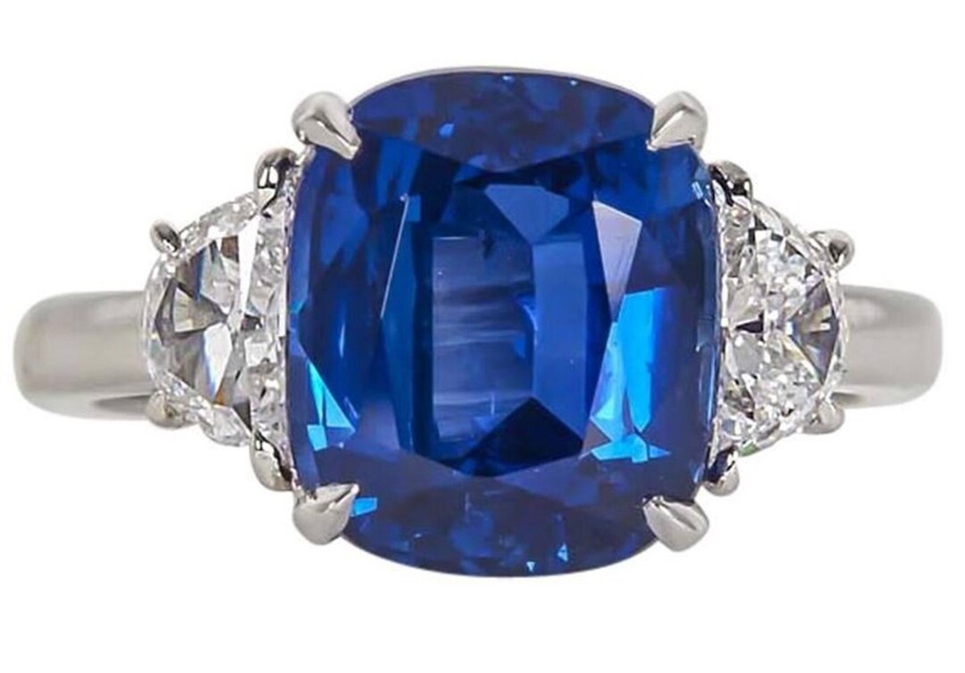Sapphire Blue Cushion Cut CZ Diamond Ring, 18k White Gold Three Stone