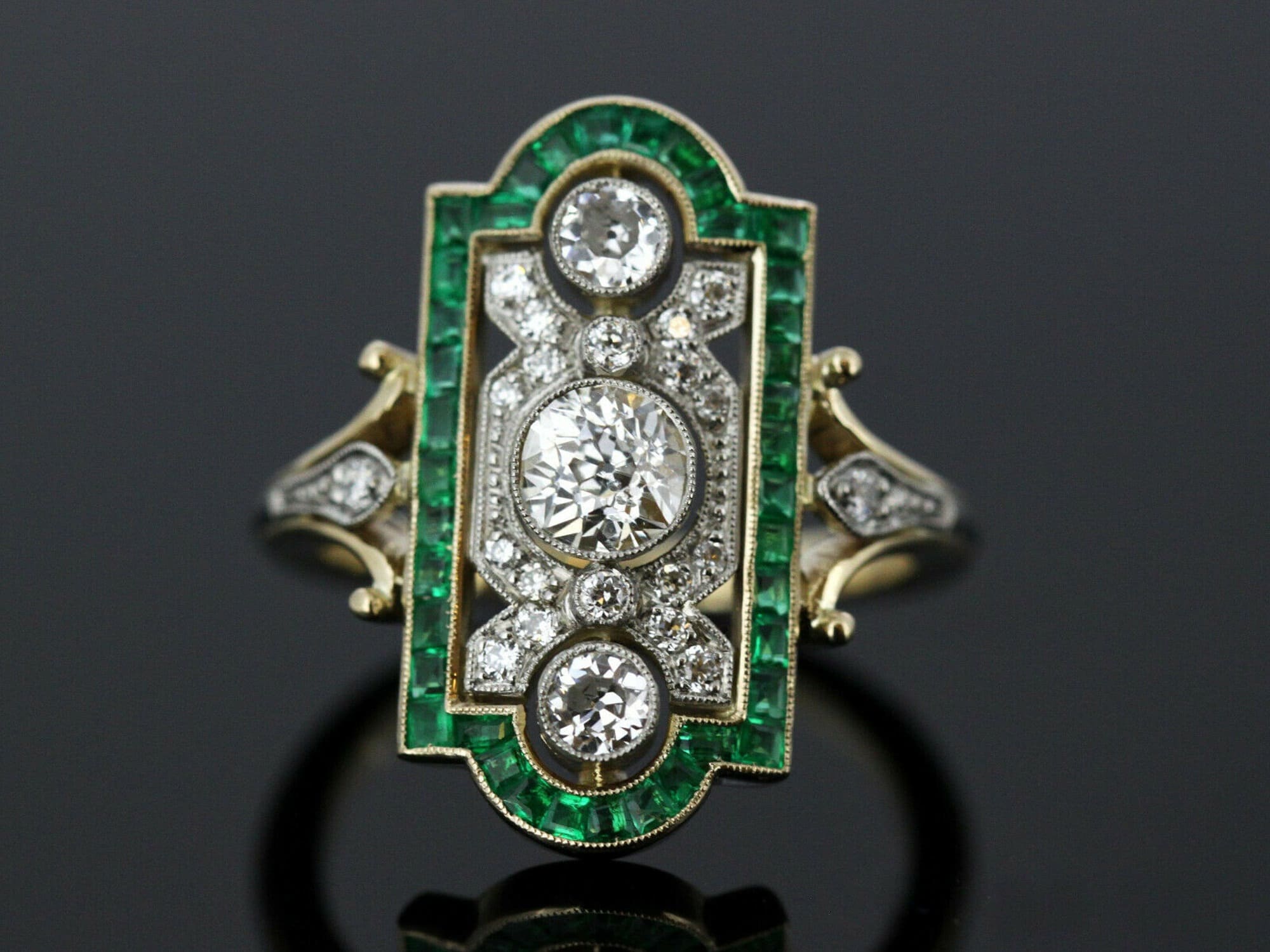 Unique Green Baguette & Old European Cut CZ Stone Ring, Art Deco Wedding Ring, Woman's Retro Ring, Anniversary Gift Ring, Filigree Ring