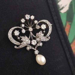 Circa 1905 Antique Art Nouveau Pearl Drop Brooch, Vintage Style Edwardian Brooch, Round CZ Stone Belle Epoque Brooch, Wedding Brooch For Her