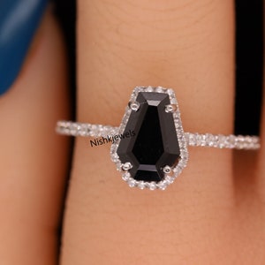 Black Coffin Cut Moissanite Diamond Ring, Halo Accents Ring, Wedding Bridal Ring, Engagement Ring, Valentine Proposal Ring, Gemstone Ring