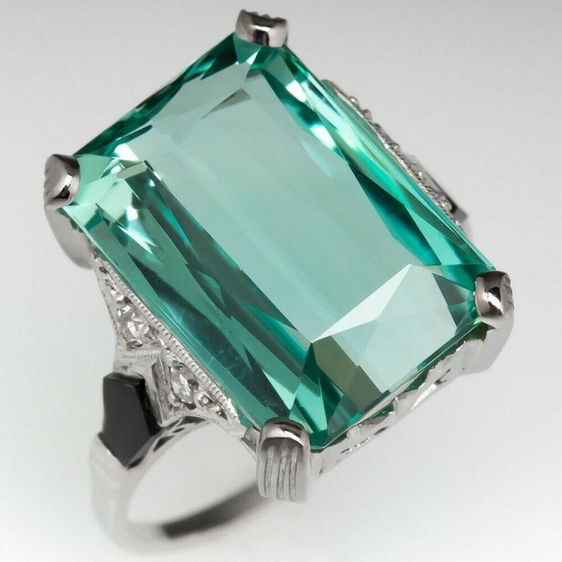 Stunning Green Radiant Cut Diamond Ring Unique Engagement Diamond Ring in 935 Argentium Silver Pre-Wedding Bridal Ring Anniversary Gift