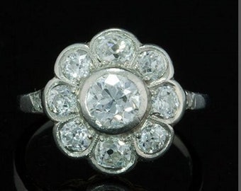 Gorgeous Art Deco Daisy Floral Look Ring, Cluster Set Old European Cut Moissanite Diamond Ring, Engagement Vintage Ring, Edwardian Jewelry
