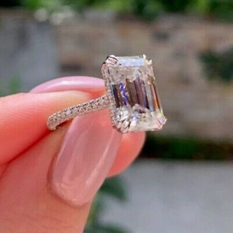 Hidden Halo Emerald Cut Diamond Ring Solitaire Accents Diamond Ring Valentine Diamond Ring For Women Wedding Engagement Diamond Ring