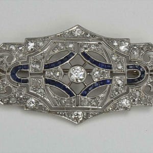 Blue Baguette & Old European Cut CZ Stone Openwork Brooch, Sapphire Art Deco Filigree Brooch, Vintage Style Wedding Brooch, Retro Brooch