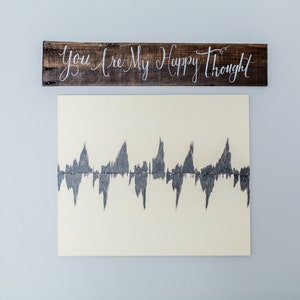 Puede incluir: Un lienzo blanco con un gráfico de onda sonora en blanco y negro. Sobre el lienzo hay un letrero de madera con el texto "You Are My Happy Thought" escrito en blanco.