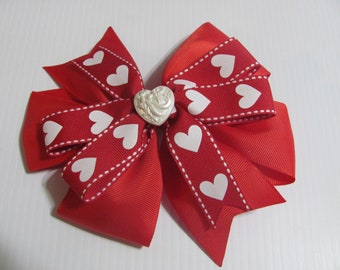 Heart Style Stacked Ribbon Hair Bow 6 inch Heart center