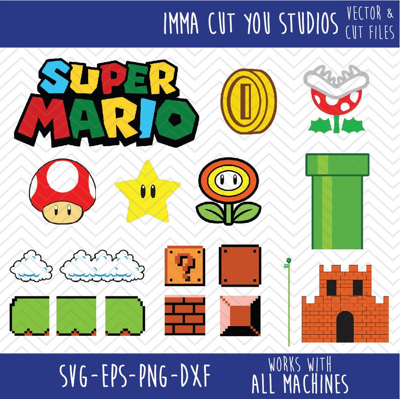 May include: A set of 16 Super Mario Bros. themed digital cut files, including the iconic Super Mario logo, a star, a flower, a pipe, a question block, a brick, a cloud, a coin, and a castle. The files are in SVG, EPS, PNG, and DXF formats.