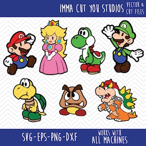 Könnte beinhalten: Ein Set aus acht Comicfiguren aus der Super Mario Bros. Videospiel-Franchise. Die Figuren sind Mario, Luigi, Prinzessin Peach, Yoshi, Bowser, Goomba und Koopa Troopa. Die Figuren sind in einem einfachen Comic-Stil gezeichnet und in leuchtenden, primären Farben gefärbt.