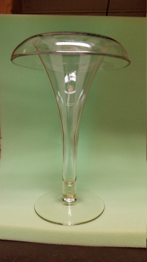 Hand Blown Clear Round Glass Footed Folded Turned Over Rim Vase Vintage