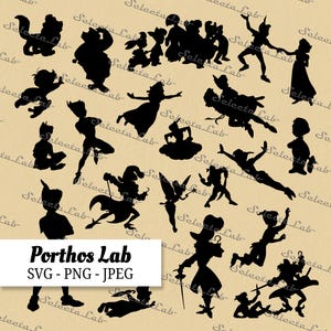 May include: Black silhouette illustrations of characters from Peter Pan, including Peter Pan, Captain Hook, Tinkerbell, and other figures. The image includes the text "Porthos Lab SVG - PNG - JPEG".