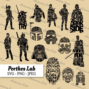 May include: A collection of black silhouette designs featuring characters and quotes from a science fiction franchise. Includes Darth Vader, Boba Fett, and other iconic figures. The image also includes the text "Porthos Lab SVG - PNG - JPEG".