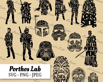 Digital SVG PNG  typhographic star wars inspired, chewbacca, stormtrooper, yoda, skywalker, clipart, vector, silhouette, instant download