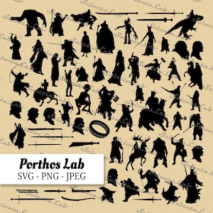 May include: Black silhouette illustrations of fantasy characters, creatures, and weapons. Includes figures of warriors, archers, and mythical beings. The image also features the text "Porthos Lab SVG - PNG - JPEG".
