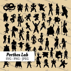 Puede incluir: Una colección de figuras de silueta negra de varios personajes, posiblemente de una serie de anime o manga, sobre un fondo beige. La imagen incluye el texto "Porthos Lab SVG - PNG - JPEG".