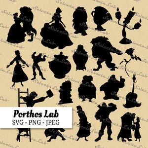 May include: Black silhouette cutouts of characters from a fairy tale, including a princess, a beast, and various household objects. The image includes the text "Porthos Lab SVG - PNG - JPEG".