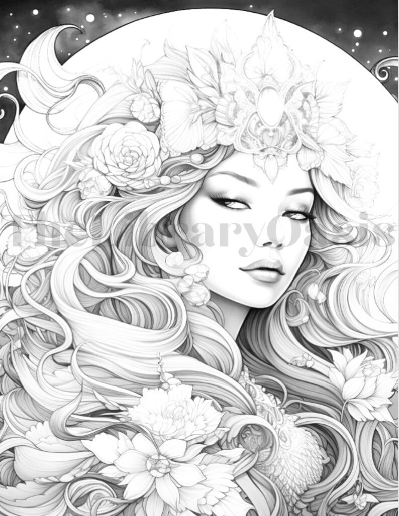10 Moon Goddess Coloring Pages / Celestial Coloring / Printable PDF