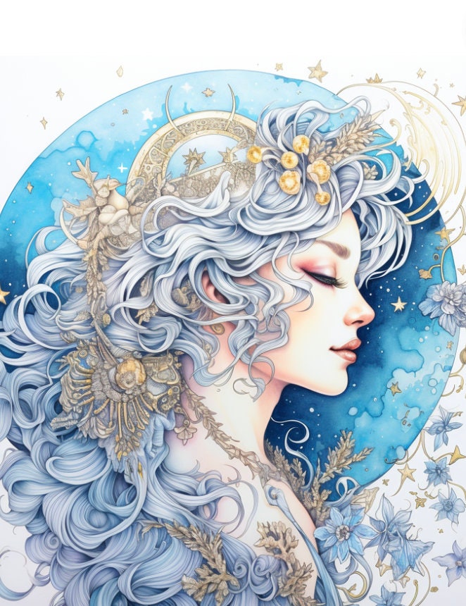 10 Moon Goddess Coloring Pages / Celestial Coloring / Printable PDF