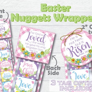 May include: Three Easter-themed gift tag designs featuring pink and purple gingham patterns with floral accents. The tags include the phrases "He is not here, but is Risen", "For God so Loved the world: He gave his only begotten Son", and "Jesus is the Christ".