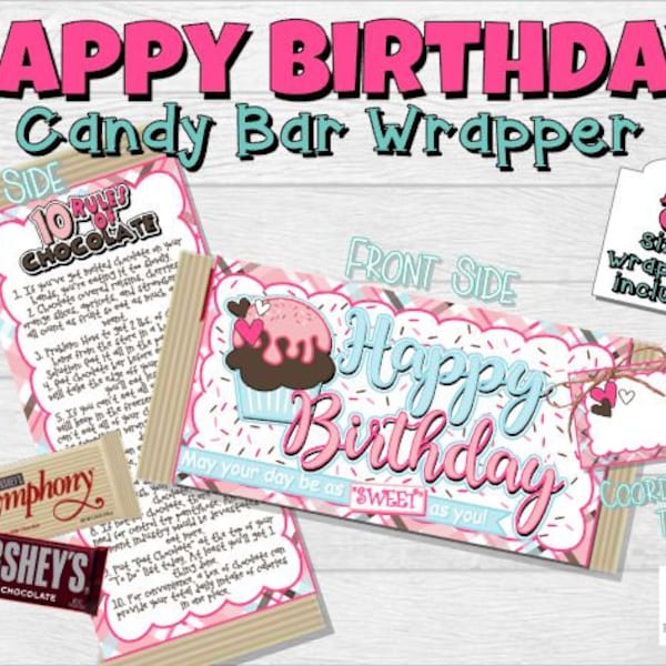 Happy Birthday Candy Bar Wrapper; Birthday Candy Bar Wrapper; Birthday Candy Wrapper; Happy Birthday Chocolate Wrapper; Birthday Candy; GEN1