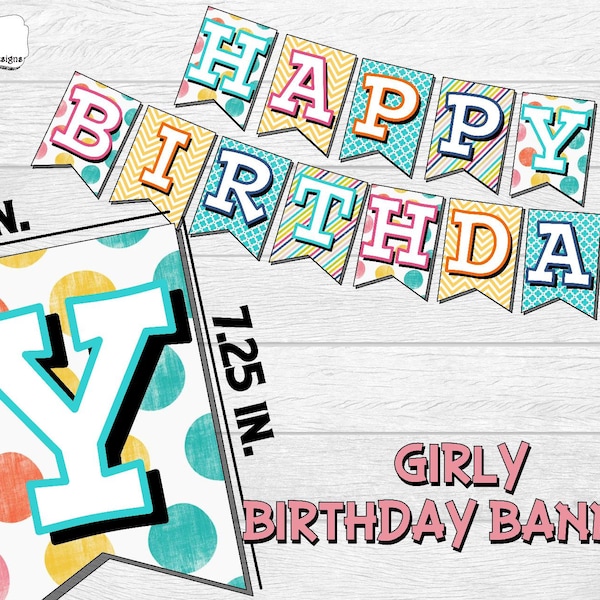 Happy Birthday banner; birthday banner for girl; girly birthday banner; printable birthday banner; happy birthday sign; GEN1