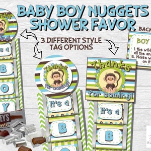 May include: A set of three printable baby shower favor tags featuring a cartoon monkey with the text "Thanks for coming!" and "It's a Boy!" in blue and green colors.