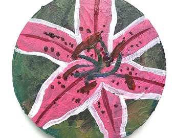 Miniature pink lily flower painting, spring floral art on canvas