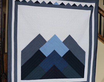 Modern Blue Mountains - Handmade quilt, queen size - 88" by 96"