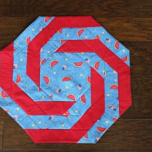 Patriotic, octagonal , spiral table topper - 26&quot; - in red, white, and blue - handmade, quilted topper