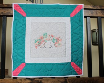 Bright Bunny - Handmade baby quilt - 30" square - Sweet bunny in peach, teal, and white.