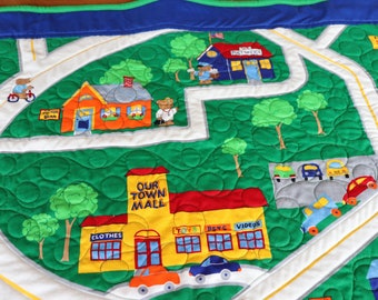 Teddy Bear Town - Includes roads for driving toy cars - Handmade baby quilt - 47" x 39"