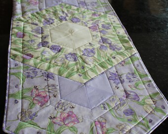 Double Tulip Design - Handmade, extra-long, oblong, quilted table topper or dresser scarf - Spring Tulips - 14" by 34"