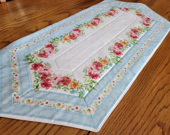 Shabby Chic! Extra-long, handmade, oblong, quilted table topper or dresser scarf - Delicate Flowers & Lace - 16" by 38"