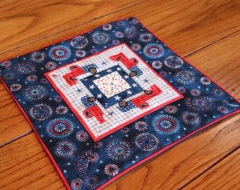 Patriotic Red Trucks!  Small Table Topper - Handmade, quilted - 11"