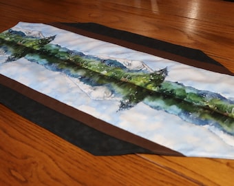 Mountain Reflections - Beautiful, oblong, quilted table topper or dresser scarf - Mountains reflected in water - 16" x 29"