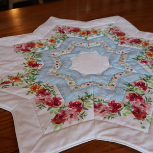 Shabby Chic! Large, handmade, star-shaped, quilted table topper or dresser scarf - Delicate Flowers & Lace - 27&quot; - Free shipping!