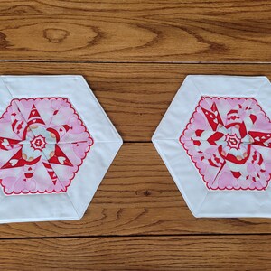 Valentine's Day Pair of handmade, hexagon, small, quilted table toppers Gnomes with Hugs & Kisses 11 by 13 each image 8