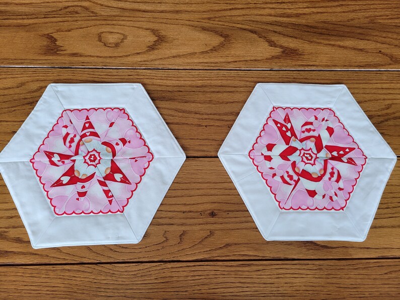 Valentine's Day Pair of handmade, hexagon, small, quilted table toppers Gnomes with Hugs & Kisses 11 by 13 each image 8