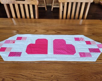 Pair of Hearts - Handmade, oblong, quilted table topper - Scrappy Pink Hearts -  13" by 40"