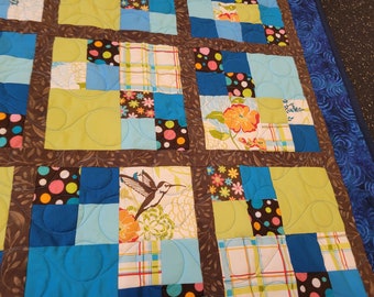 Happy Hummingbirds - Handmade kid quilt - 43" x 52" - Brown, blue, and multi quilt