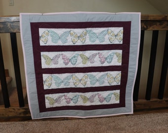 Soft Butterflies - Handmade baby quilt - 37" square - Sweet butterflies in pastel stripes with maroon accent