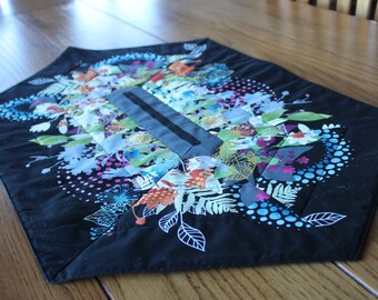Modern Flowers - Handmade, oblong, quilted table topper - Modern Floral on Black - 18" by 30"