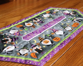 Boo! Halloween Gnomes!  Handmade, oblong, quilted table topper or dresser scarf - 14" x 29"