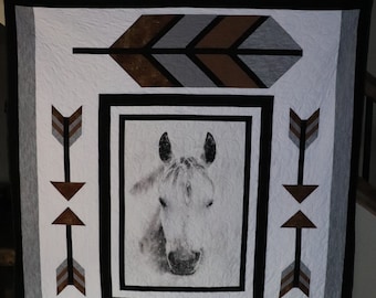 Native Horse - Horse with Native Accents - Handmade quilt, queen size - 88" by 101"