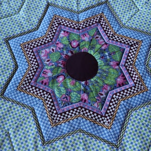 Digital Flowers - Large, handmade, star-shaped, quilted table topper or dresser scarf - 29&quot; - Free shipping!